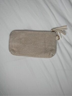 Neutral Woven Wristlet Clutch with Tassel